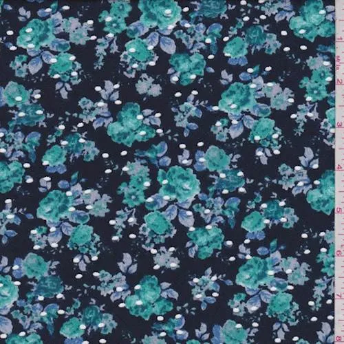 1 1/4 YD PC-Navy/Aqua Green Floral Eyelet Knit Fabric