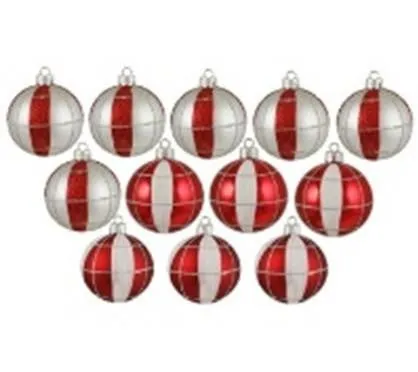 12ct Peppermint Twist Shatterproof White & Red Striped and Checkered Christmas Ornaments 2.5" (60mm)