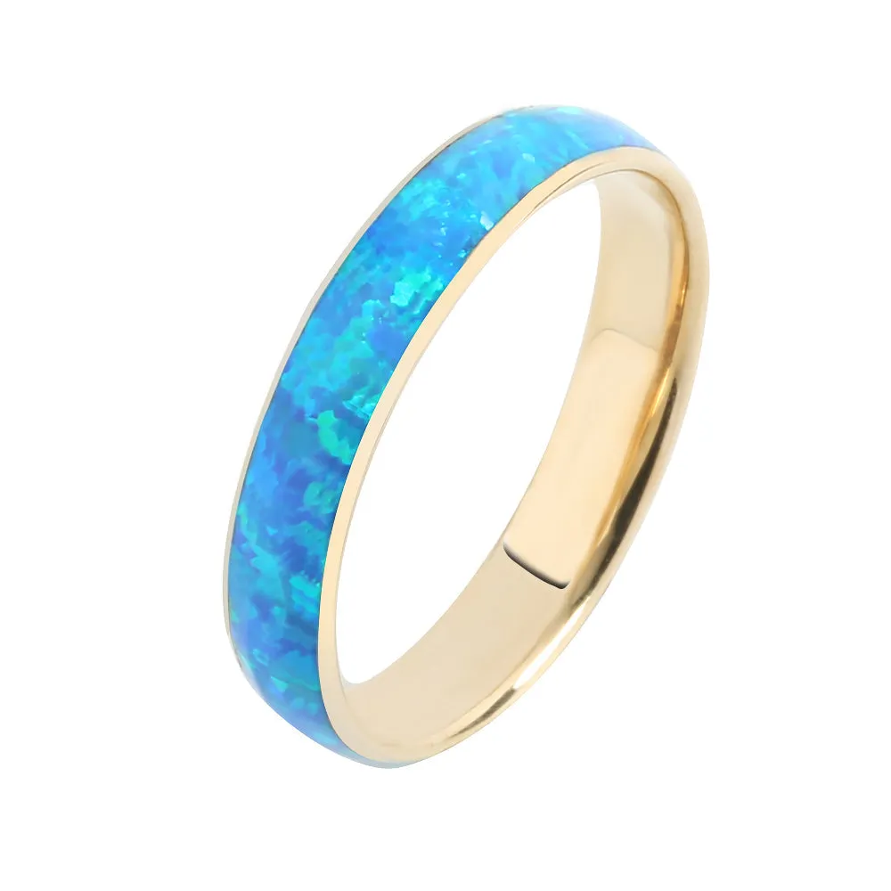 14 Karat Yellow Gold Blue Opal Ring Barrel Shape 4mm