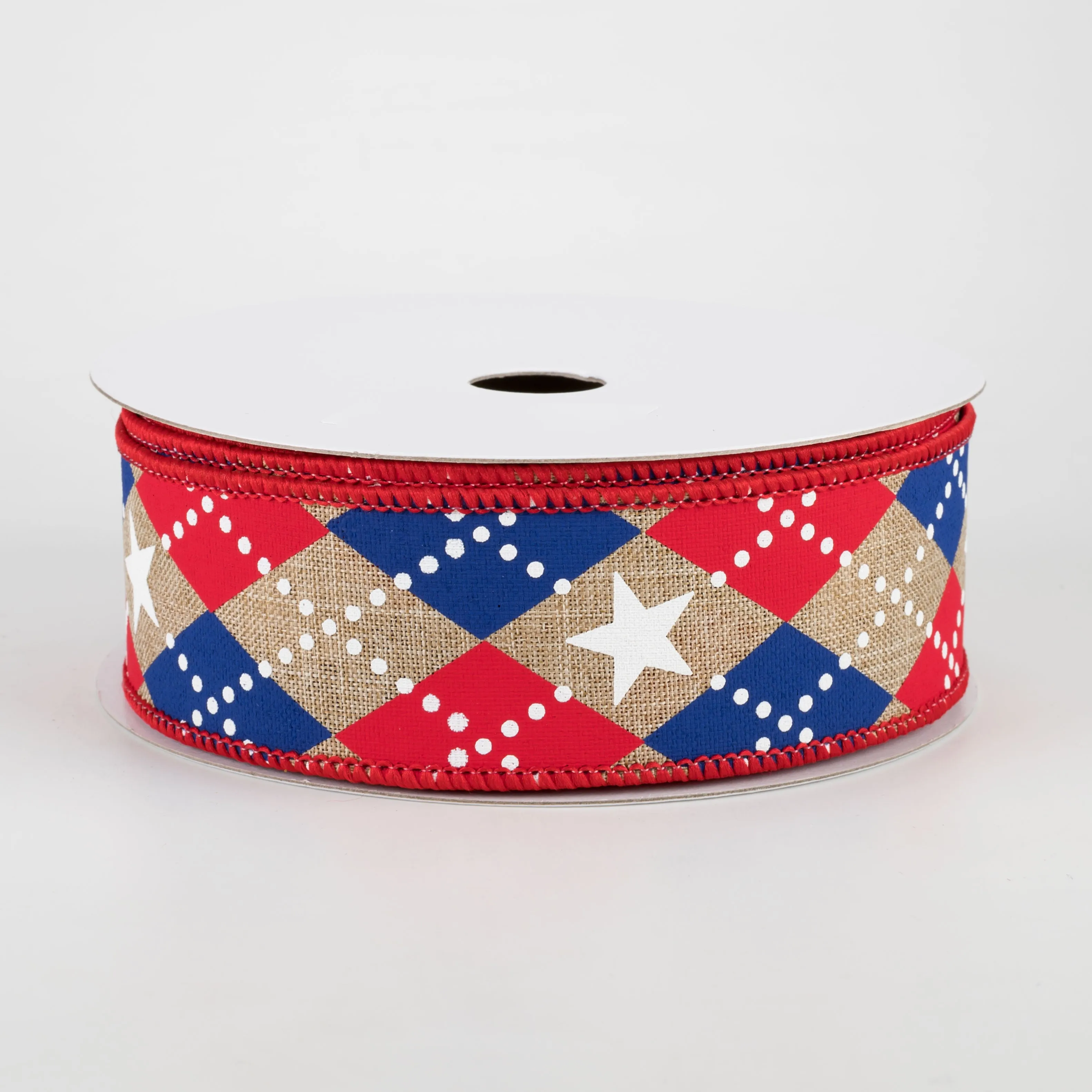 1.5" Argyle Stars Ribbon: Beige, Red, White, Blue (10 Yards)