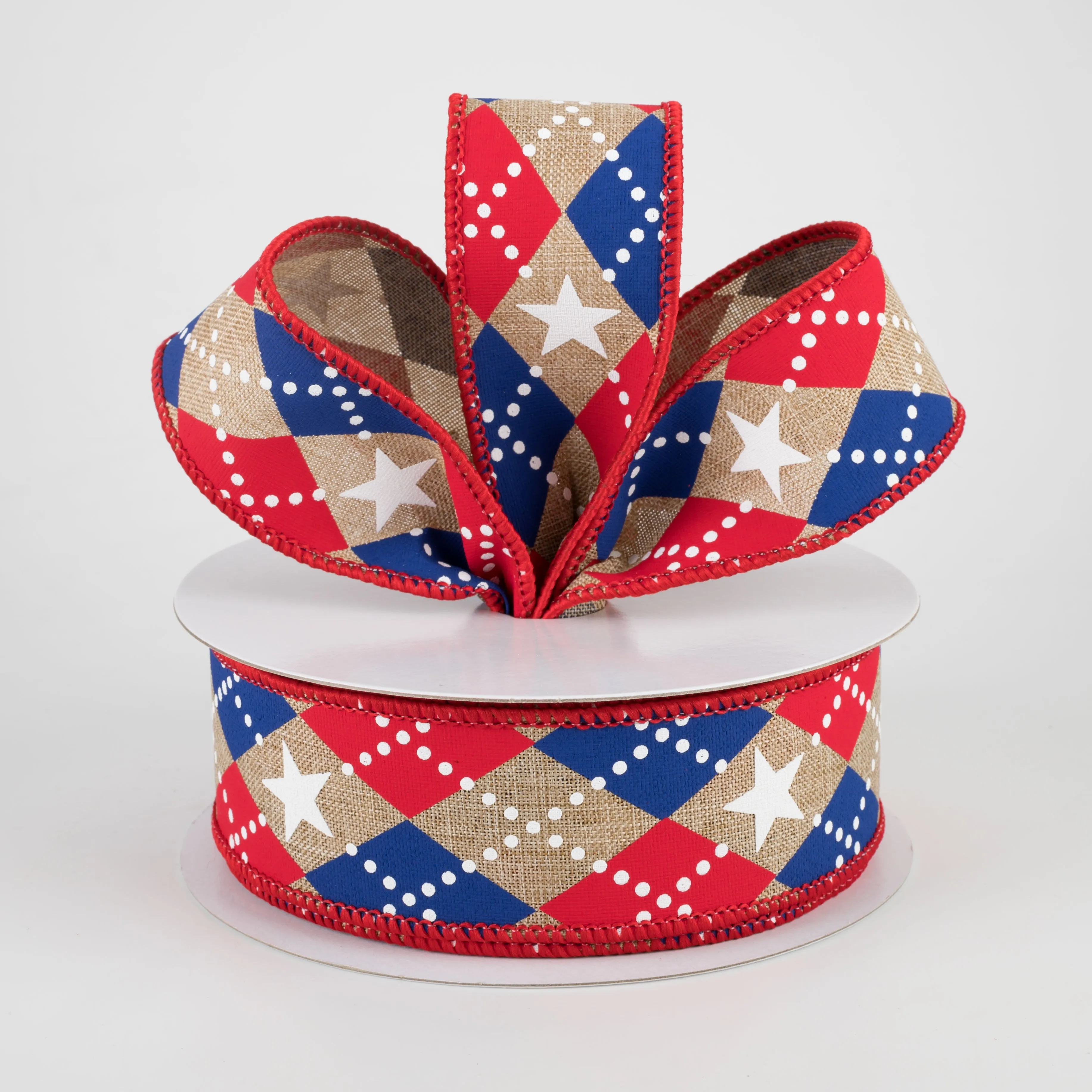 1.5" Argyle Stars Ribbon: Beige, Red, White, Blue (10 Yards)