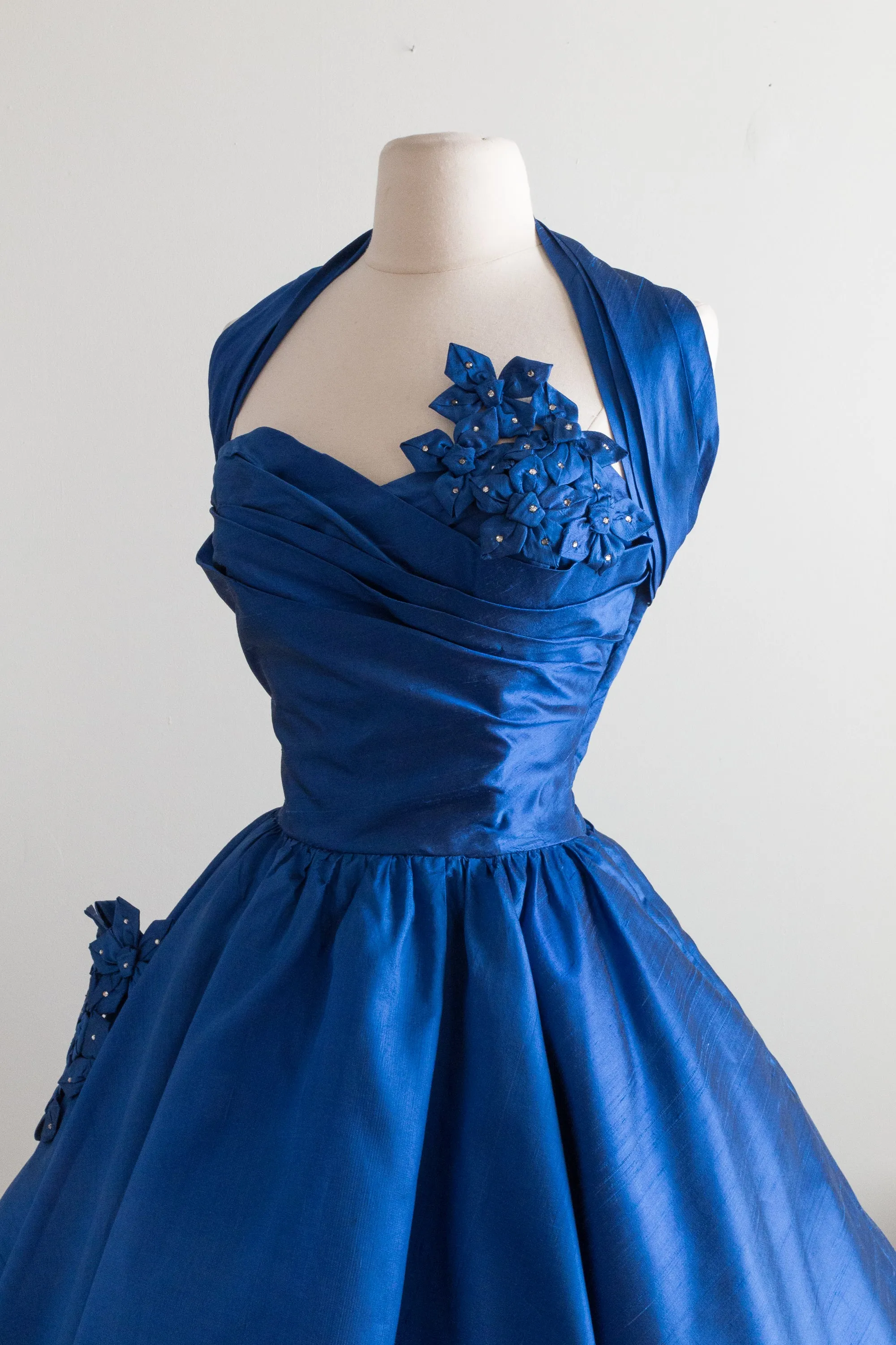 1950's Sapphire Blue Silk Party Dress With Rhinestones / Waist 27