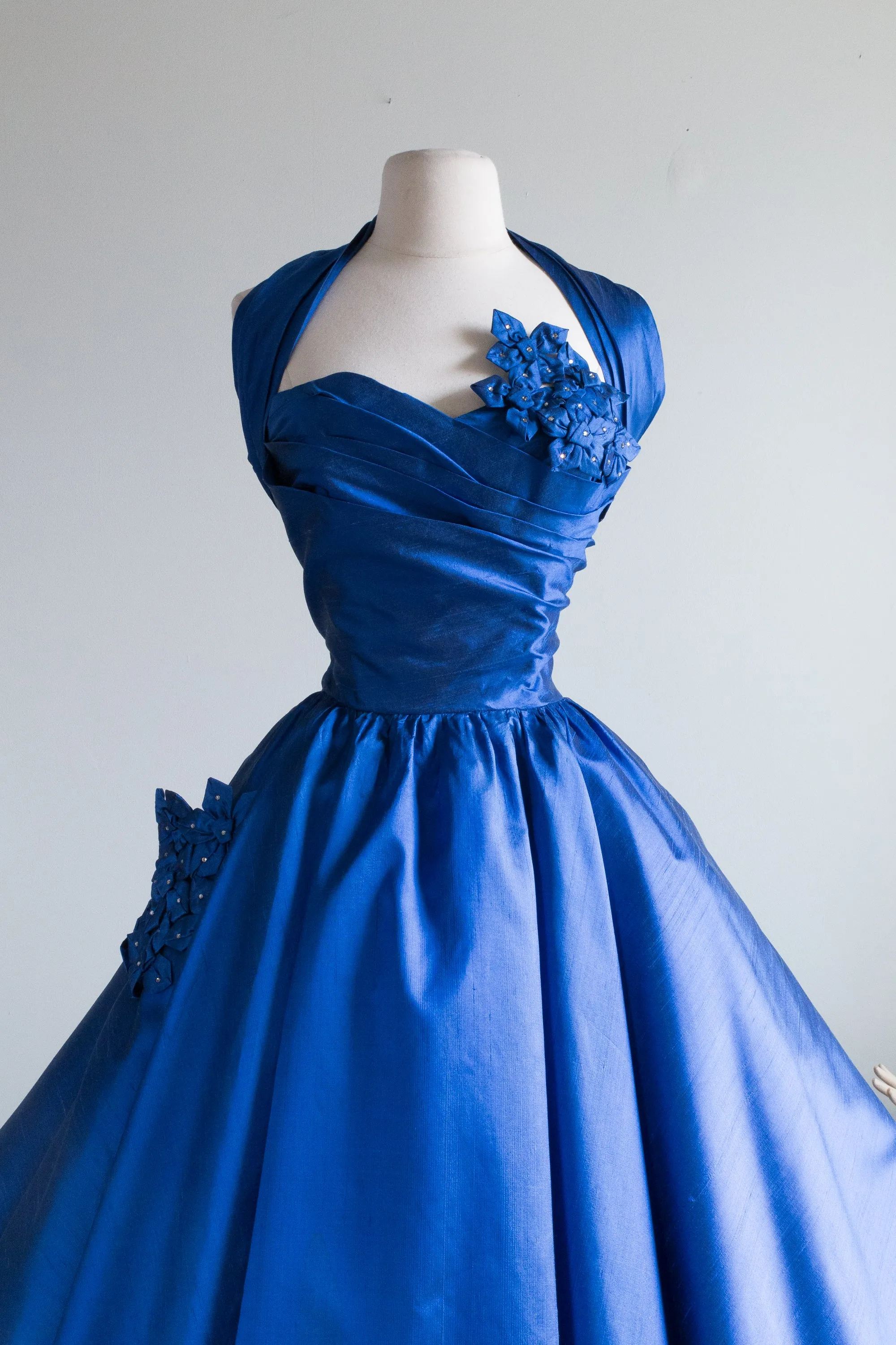 1950's Sapphire Blue Silk Party Dress With Rhinestones / Waist 27