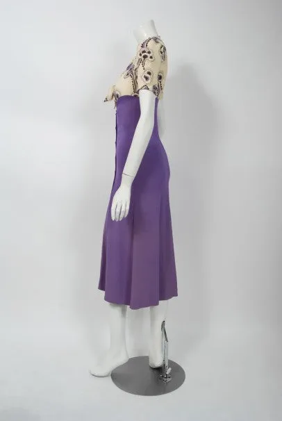 1970 Ossie Clark Purple Crepe Celia Birtwell Floral Print Key-Hole Plunge Dress