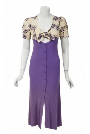 1970 Ossie Clark Purple Crepe Celia Birtwell Floral Print Key-Hole Plunge Dress