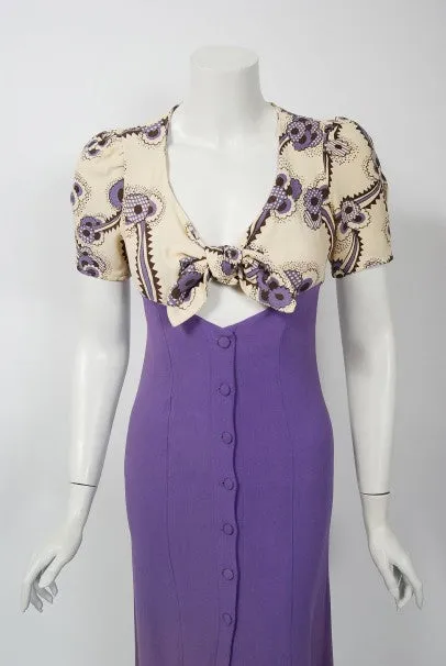 1970 Ossie Clark Purple Crepe Celia Birtwell Floral Print Key-Hole Plunge Dress