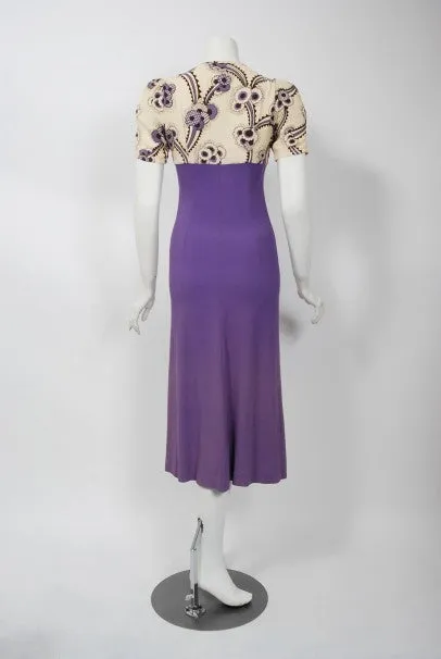 1970 Ossie Clark Purple Crepe Celia Birtwell Floral Print Key-Hole Plunge Dress