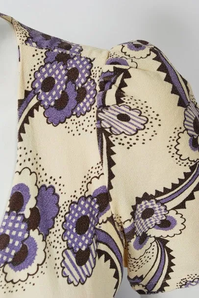 1970 Ossie Clark Purple Crepe Celia Birtwell Floral Print Key-Hole Plunge Dress