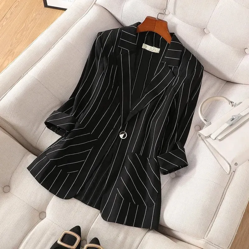 2022 New Summer Fashion Women Blazer Notched Collar Jacket Casual Korean Suit Coat Stripe Loose Office Lady Blazers Outerwear