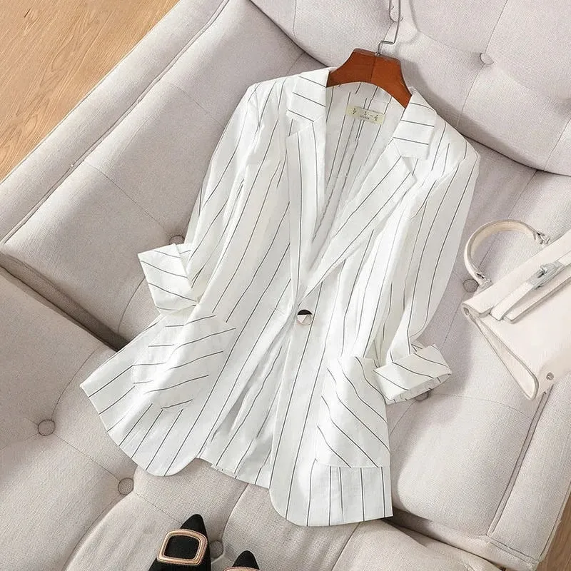 2022 New Summer Fashion Women Blazer Notched Collar Jacket Casual Korean Suit Coat Stripe Loose Office Lady Blazers Outerwear