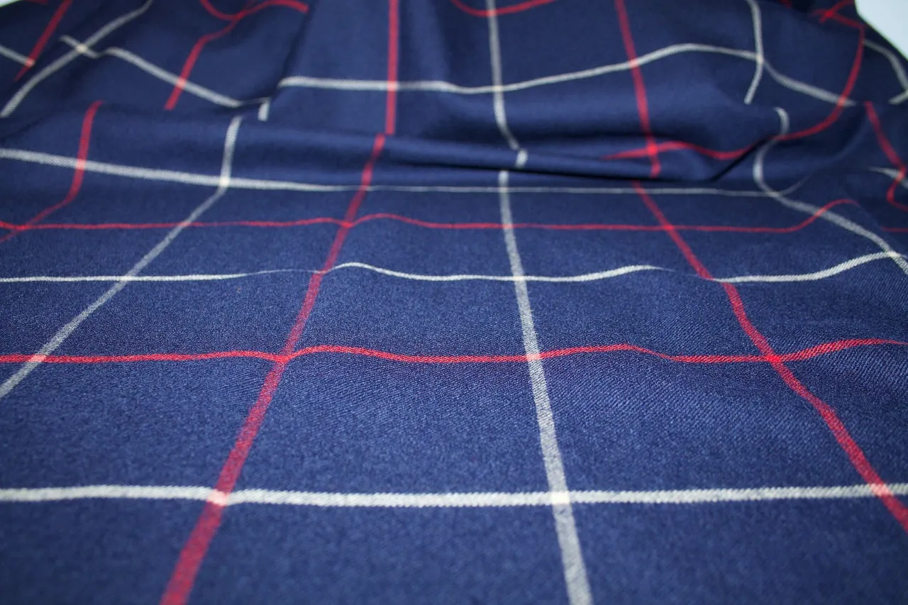 3/4  yard of Italian Windowpane Plaid Wool Flannel - Red/Beige on Navy