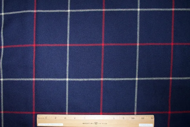 3/4  yard of Italian Windowpane Plaid Wool Flannel - Red/Beige on Navy