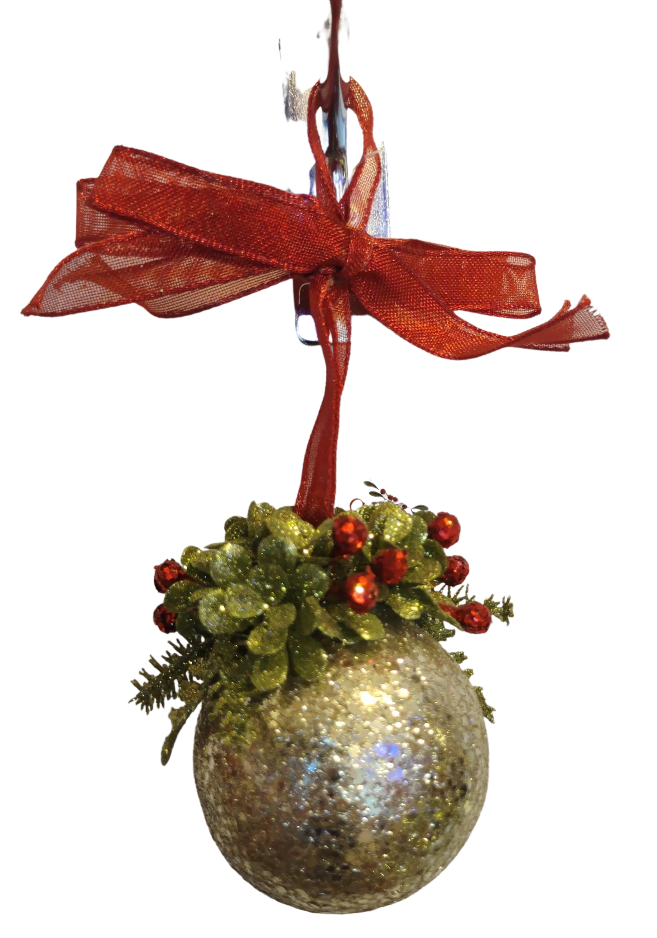 Acrylic Gold Sequin Ball Ornament with Red Bow/Mistletoe 6.5"