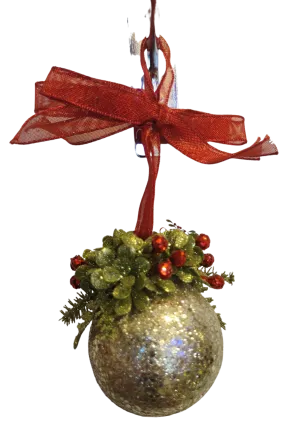 Acrylic Gold Sequin Ball Ornament with Red Bow/Mistletoe 6.5"