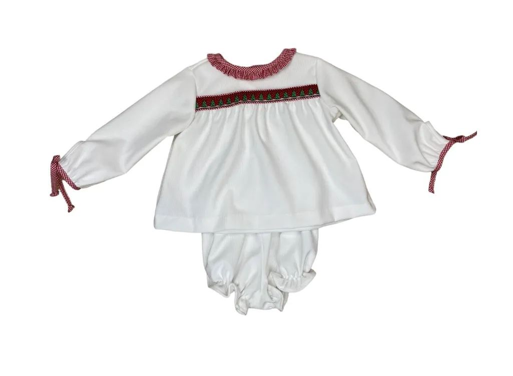 Anvy Kids White Corduroy Christy Bloomer Set, Red Tree Ribbon