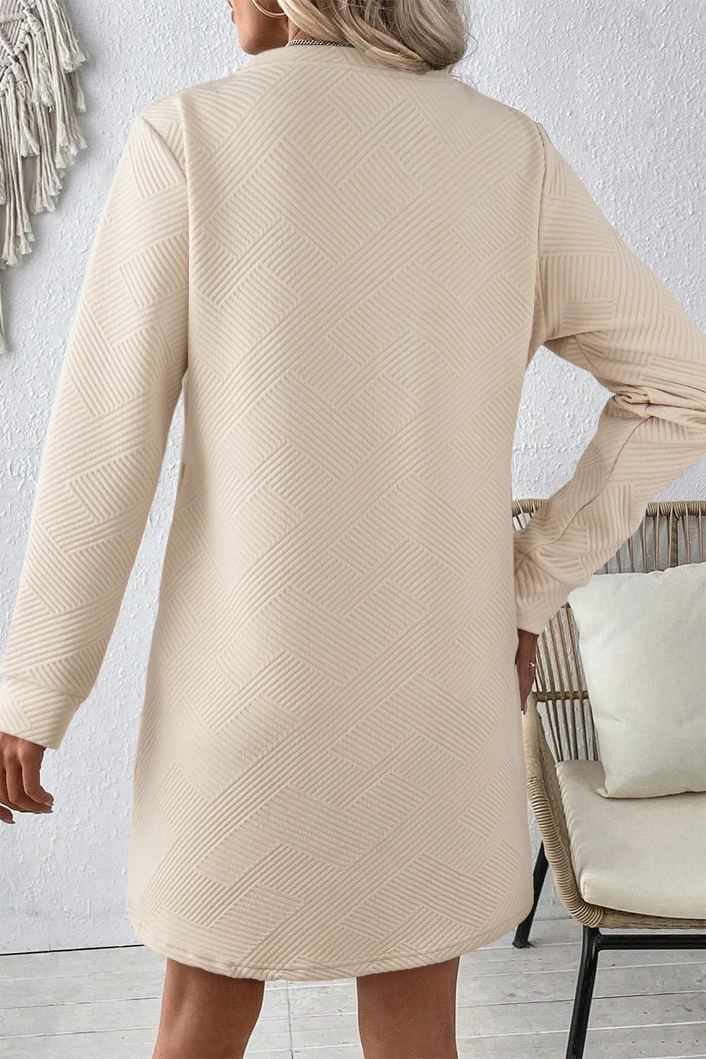 Apricot Solid Color Textured Long Sleeve Shift Dress