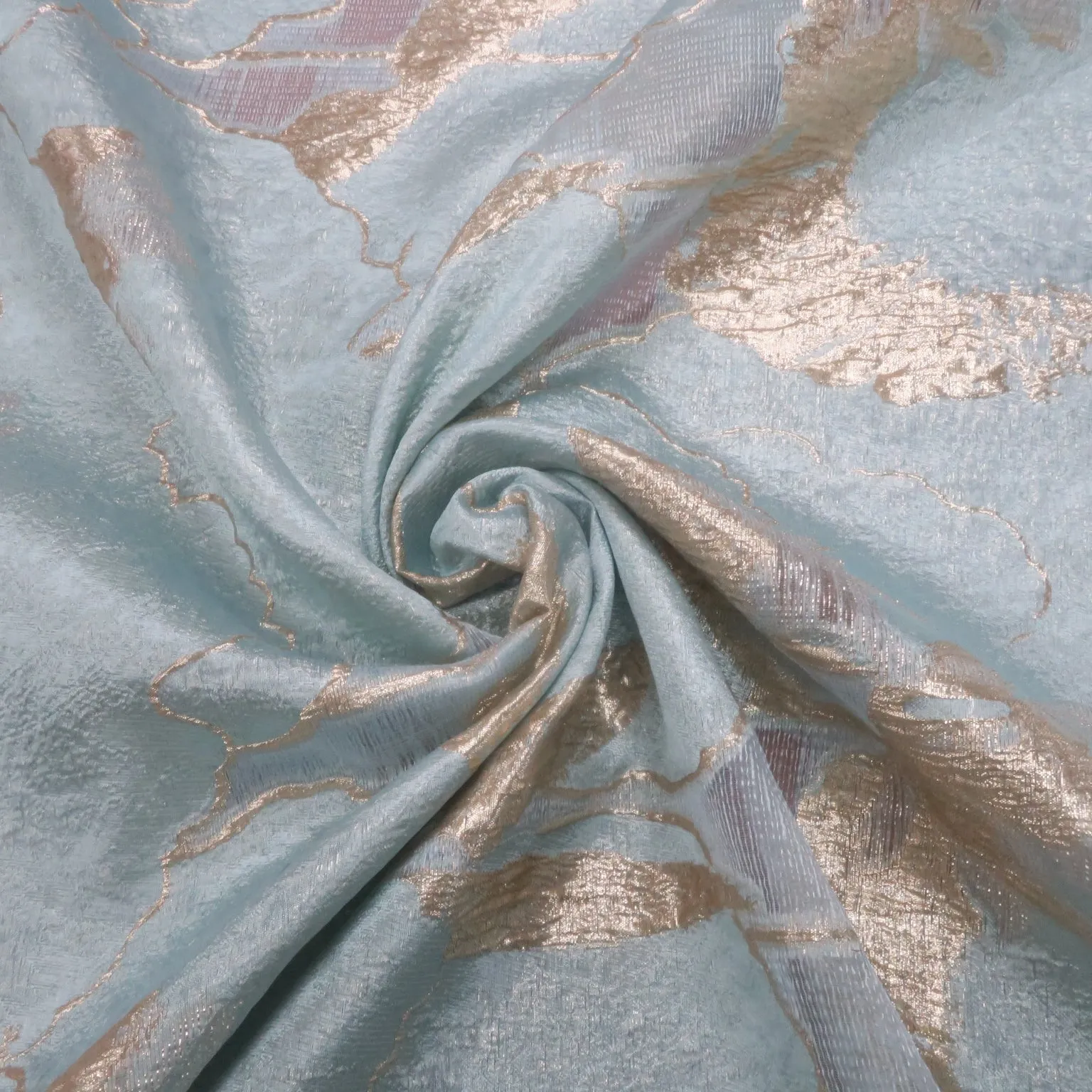 Aqua & Gold Metallic Floral Abstract Embossed Textured Jacquard Brocade Fabric