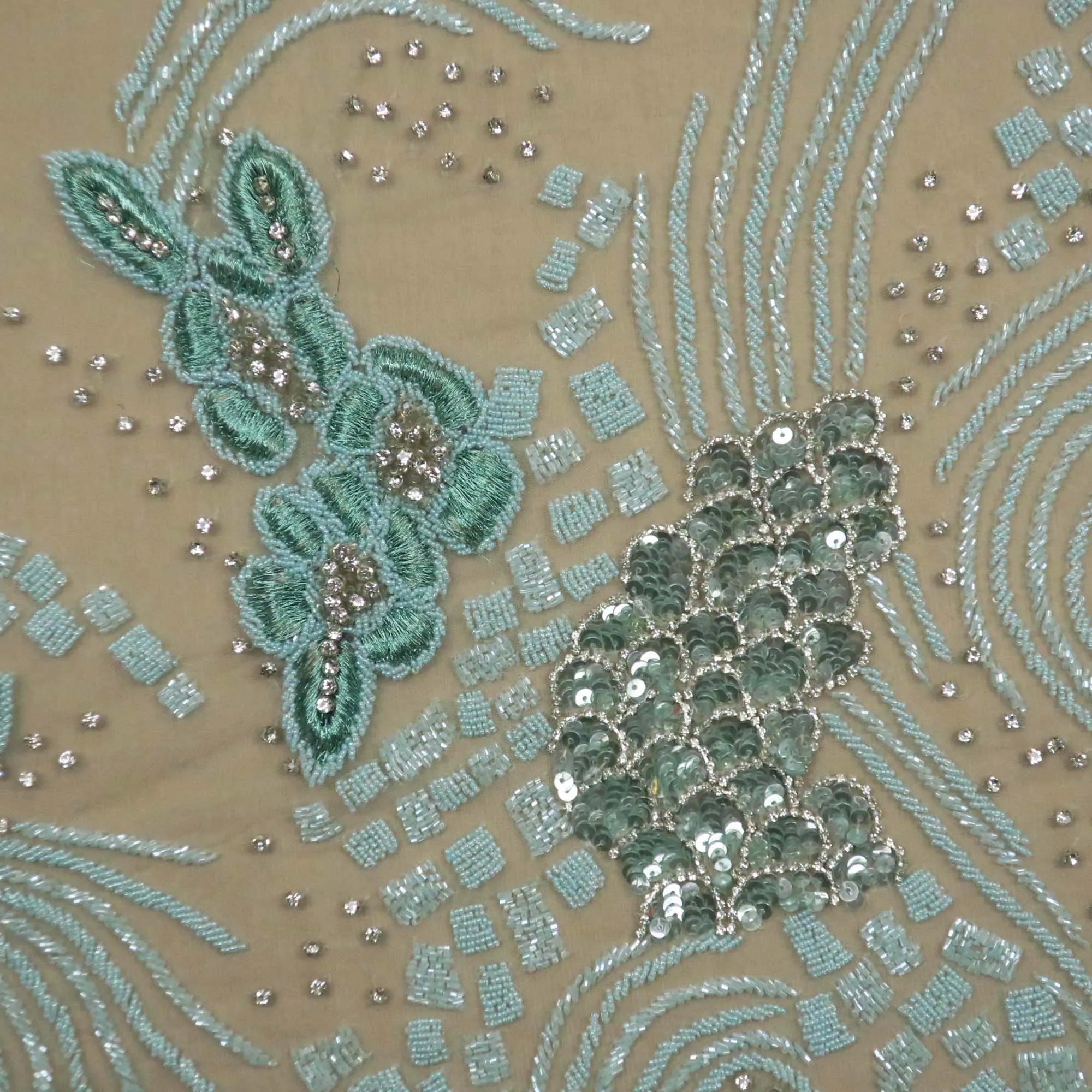 Aqua Bugle Beads Floral Embroidered Tulle Fabric