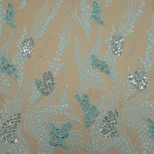 Aqua Bugle Beads Floral Embroidered Tulle Fabric