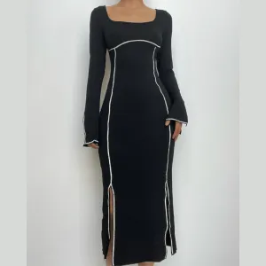 BerryBetty - Beaded square neck slit long sleeve midi dress