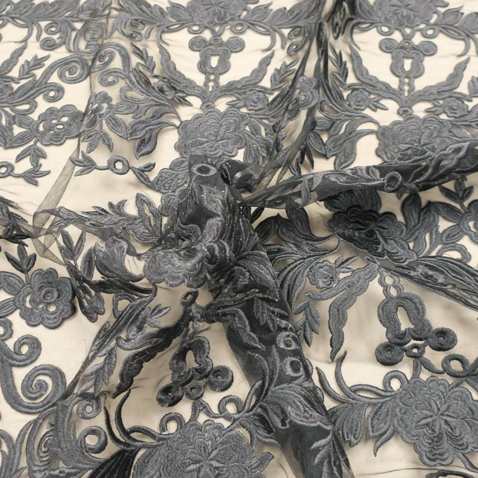 Black Arabesques Embroidered Tulle Fabric