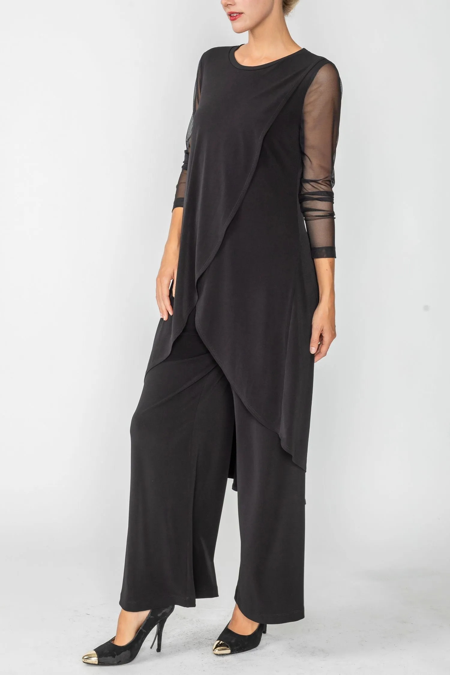 Black Front Overlap See Through Sleeve Top