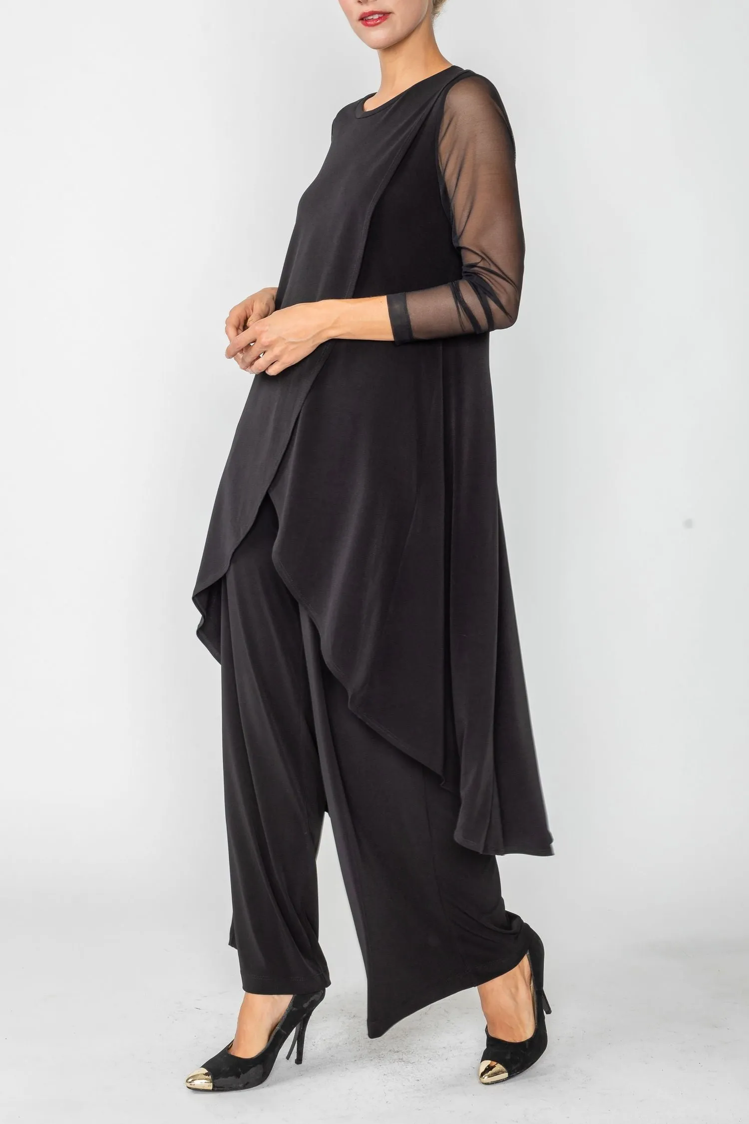 Black Front Overlap See Through Sleeve Top