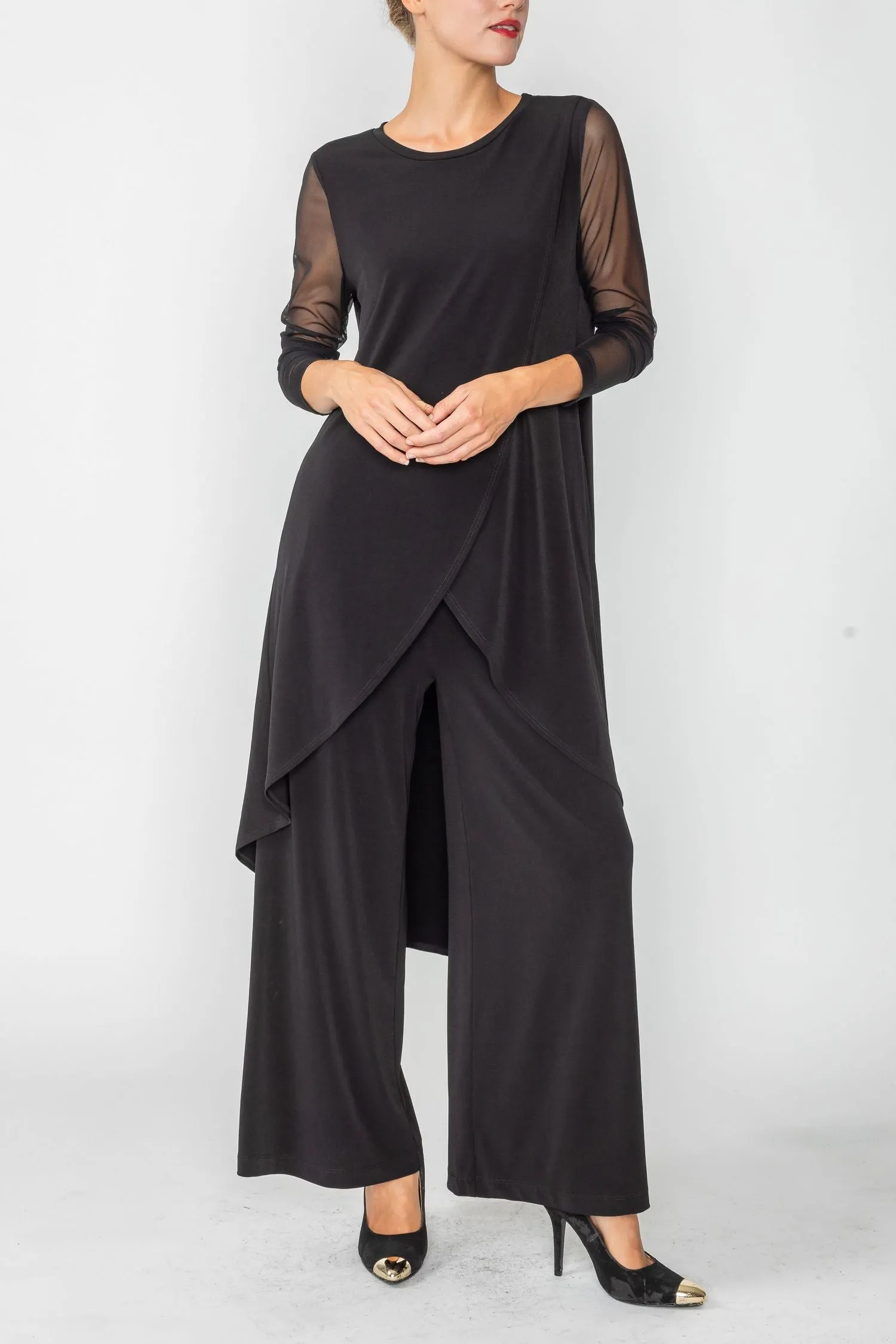 Black Front Overlap See Through Sleeve Top