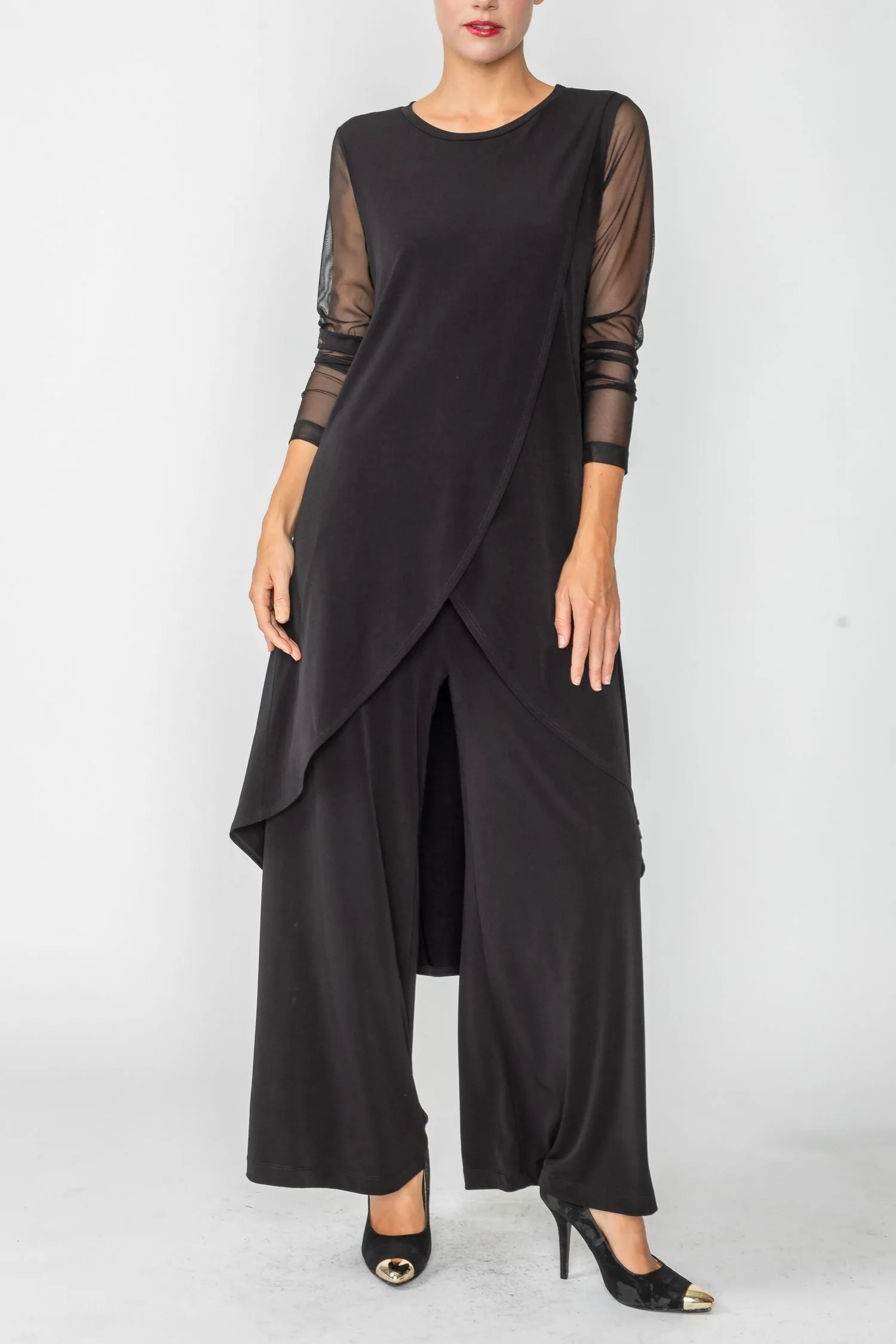 Black Front Overlap See Through Sleeve Top