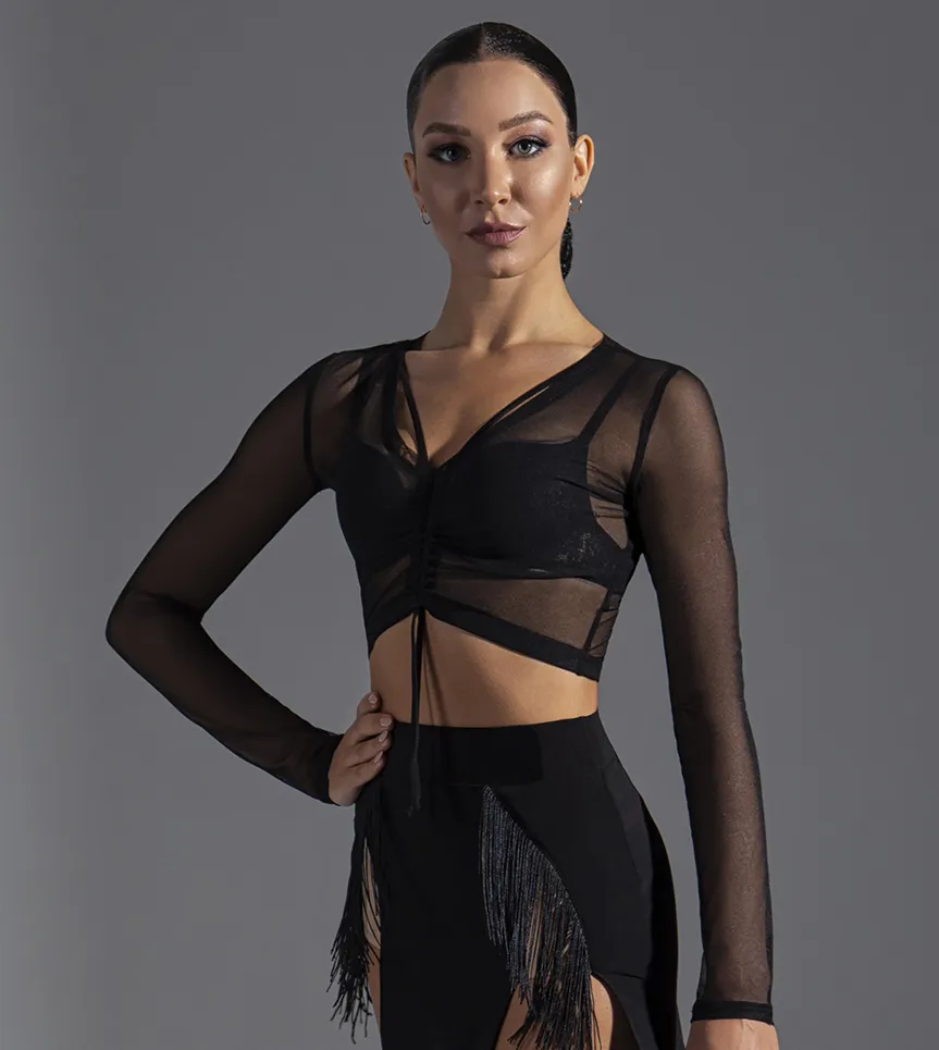 Black Mesh Practice Top with Long Sleeves and Option to Gather (Bra Not Included) PRA 584