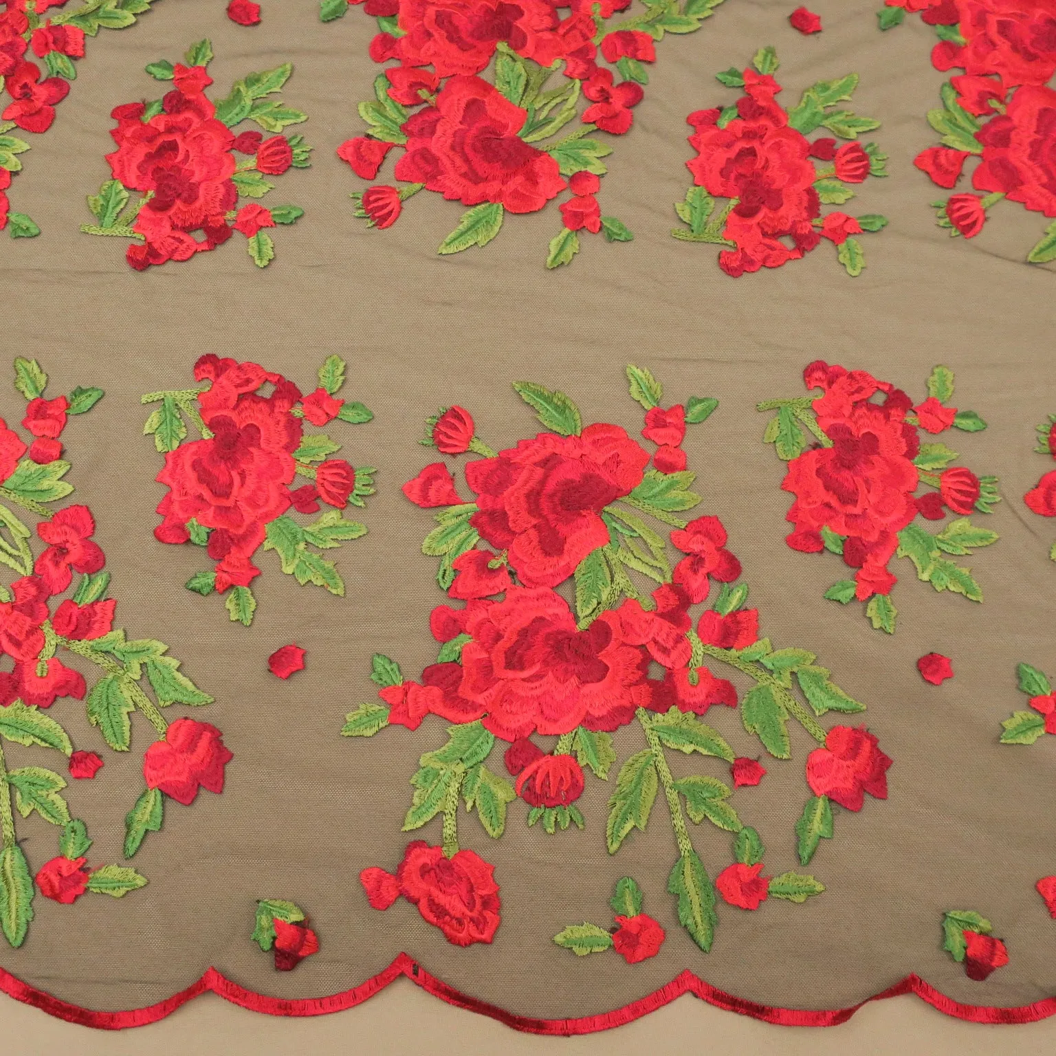 Black, Red and Green Floral Embroidered Tulle Fabric