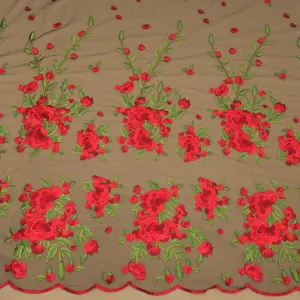 Black, Red and Green Floral Embroidered Tulle Fabric