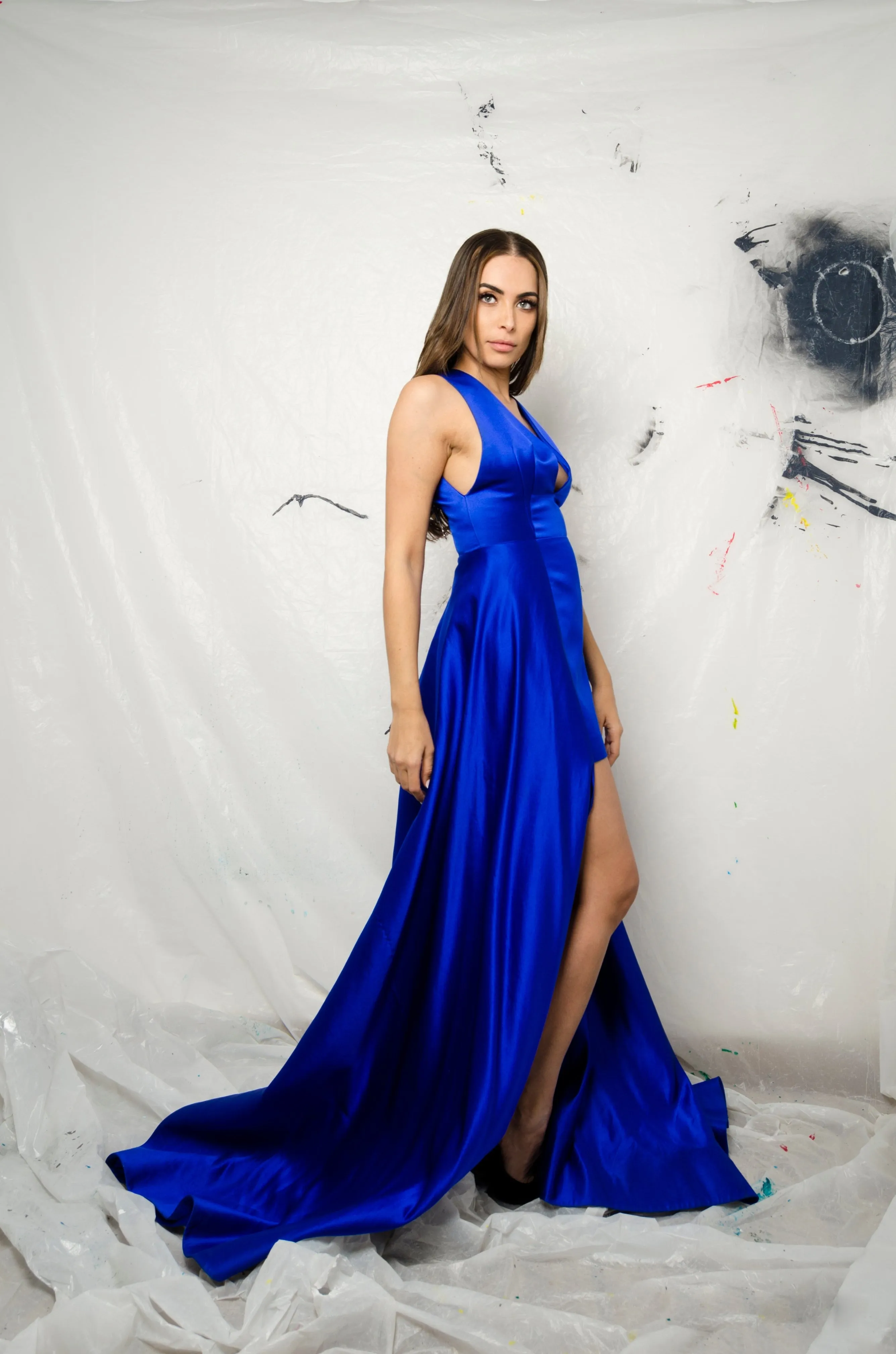 Blue Geometric Silk Gown