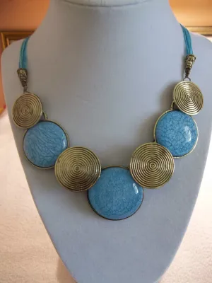 Blue Lace Blue Cord Bronze Blue Round Pendants Necklace (N987)