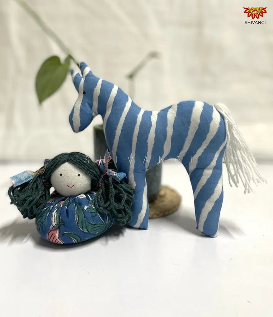 Blue Line Handcrafted Cotton Fabric Doll and Horse Toys !!!