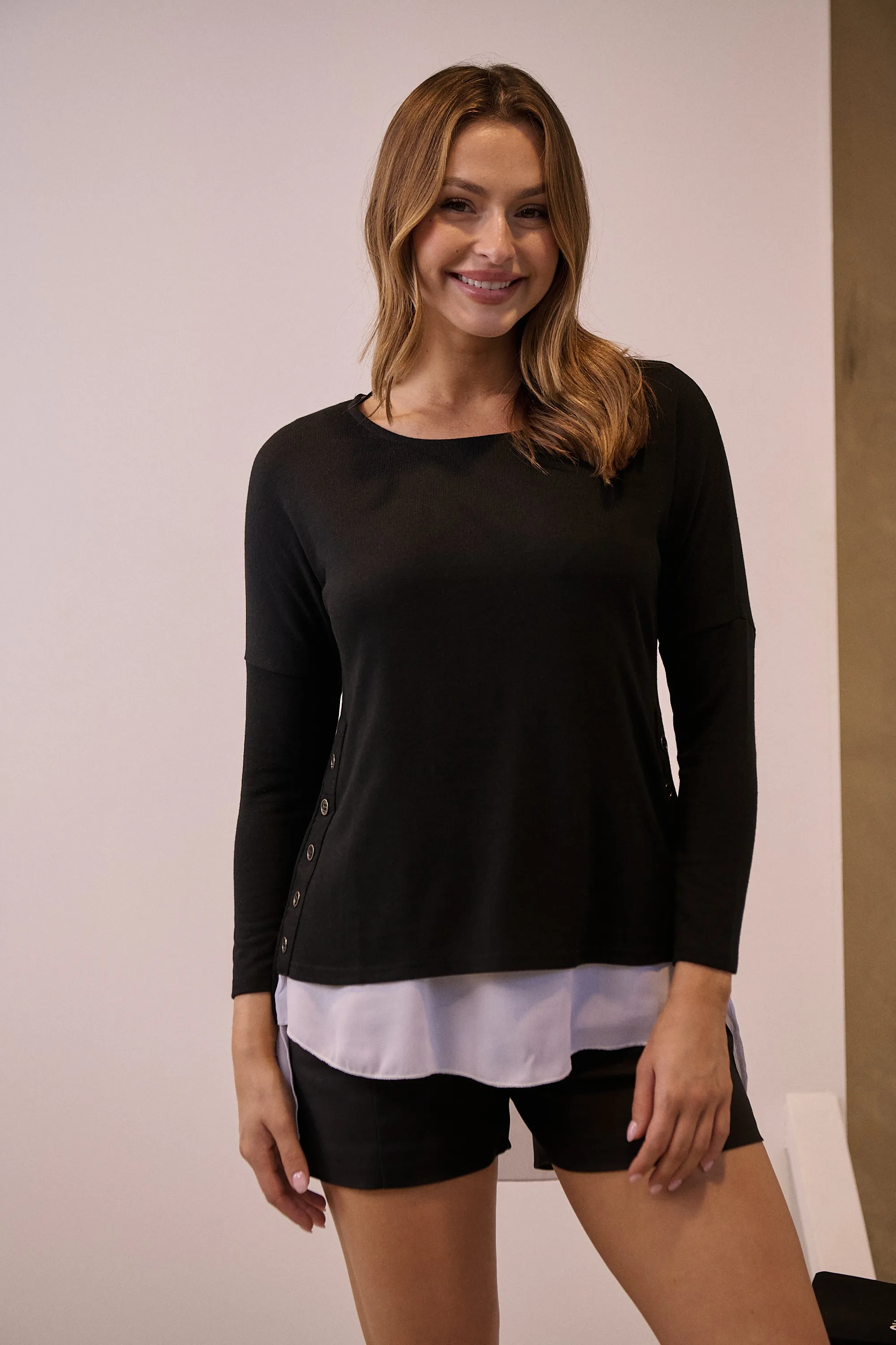 Bronte Long Sleeve Black/White Layered Top