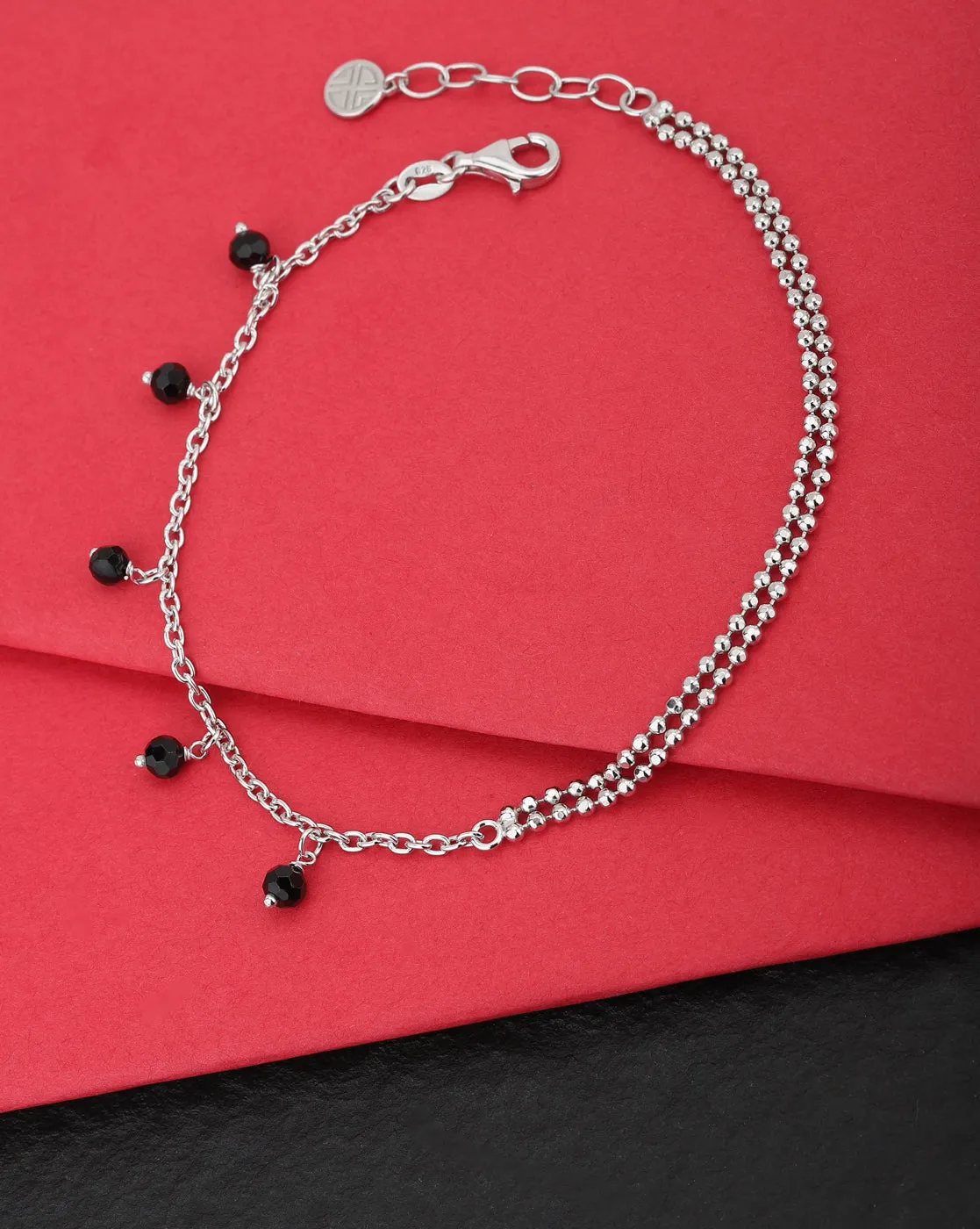 Carlton London 925 Sterling Silver Rhodium Plated Silver Toned Black Beaded Multi-Stranded Anklet For Women