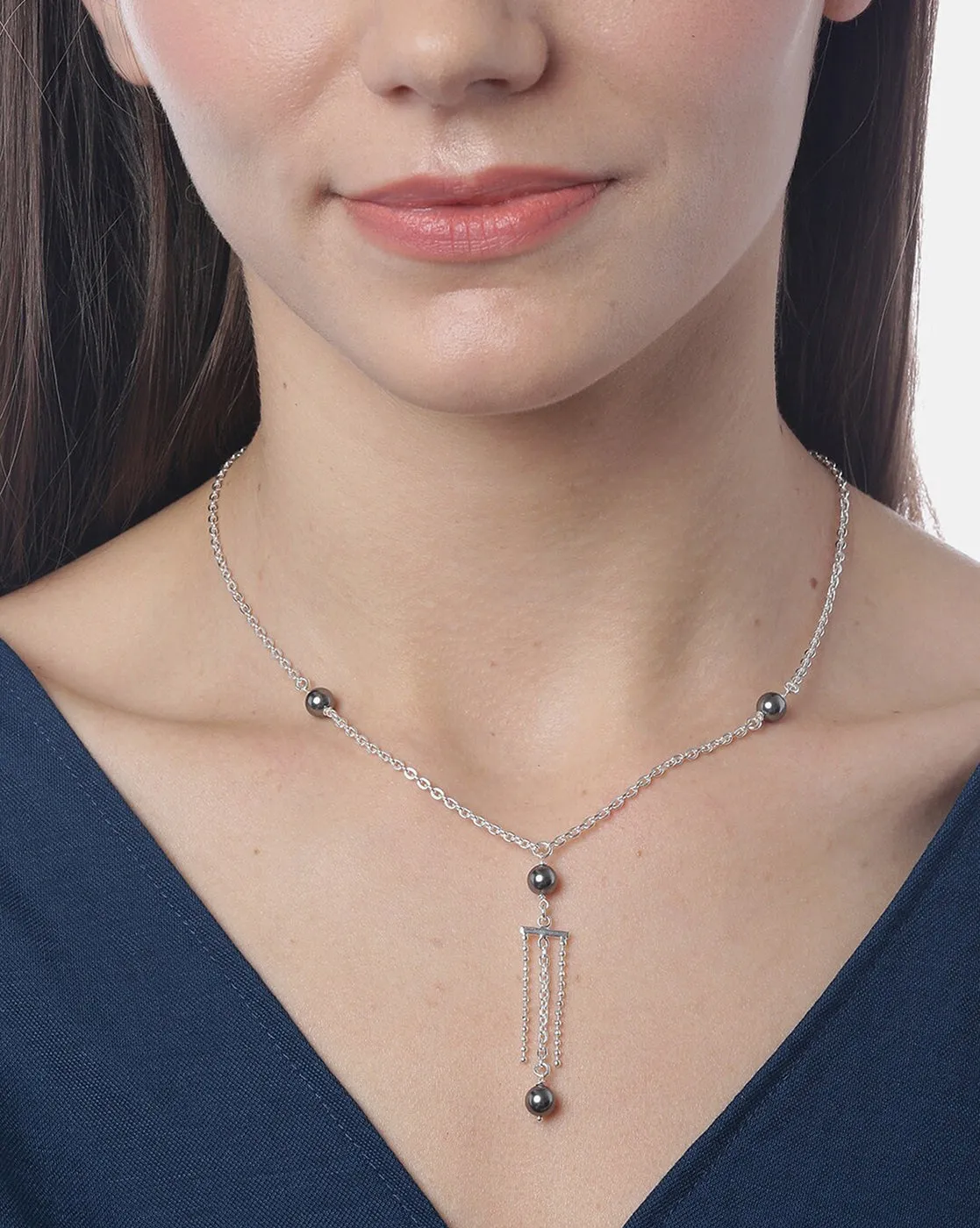 Carlton London Dangling Bead And Chain With Rhodium Plated Lariat Necklace