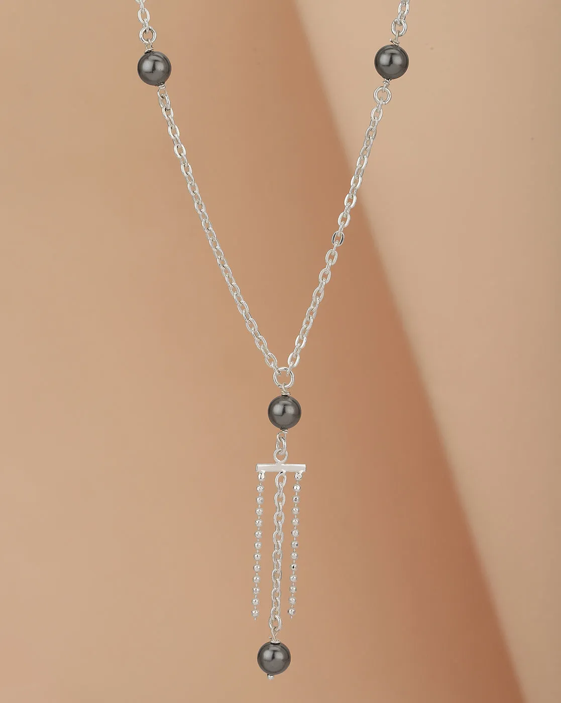 Carlton London Dangling Bead And Chain With Rhodium Plated Lariat Necklace