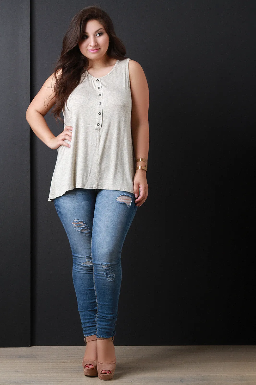 Casual Button Vent Back Tank Top