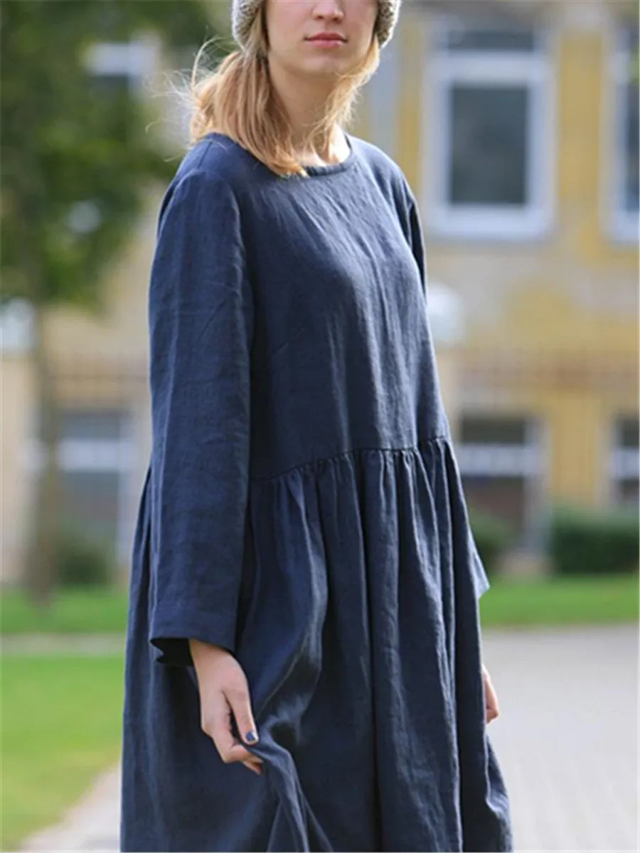 Casual Loose Solid Cotton Linen Neck Midi Dresses