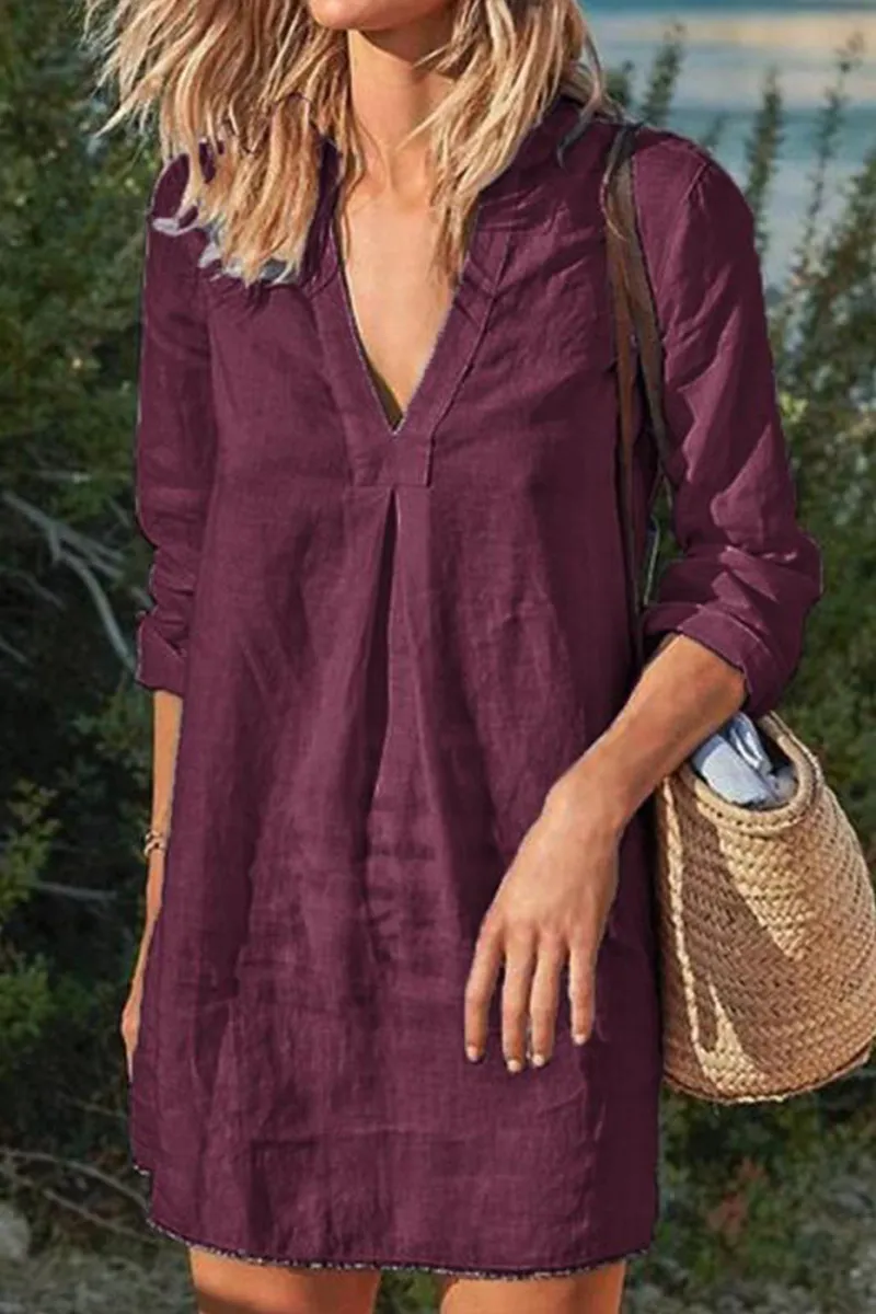 Casual Solid Patchwork V Neck A Line Dresses