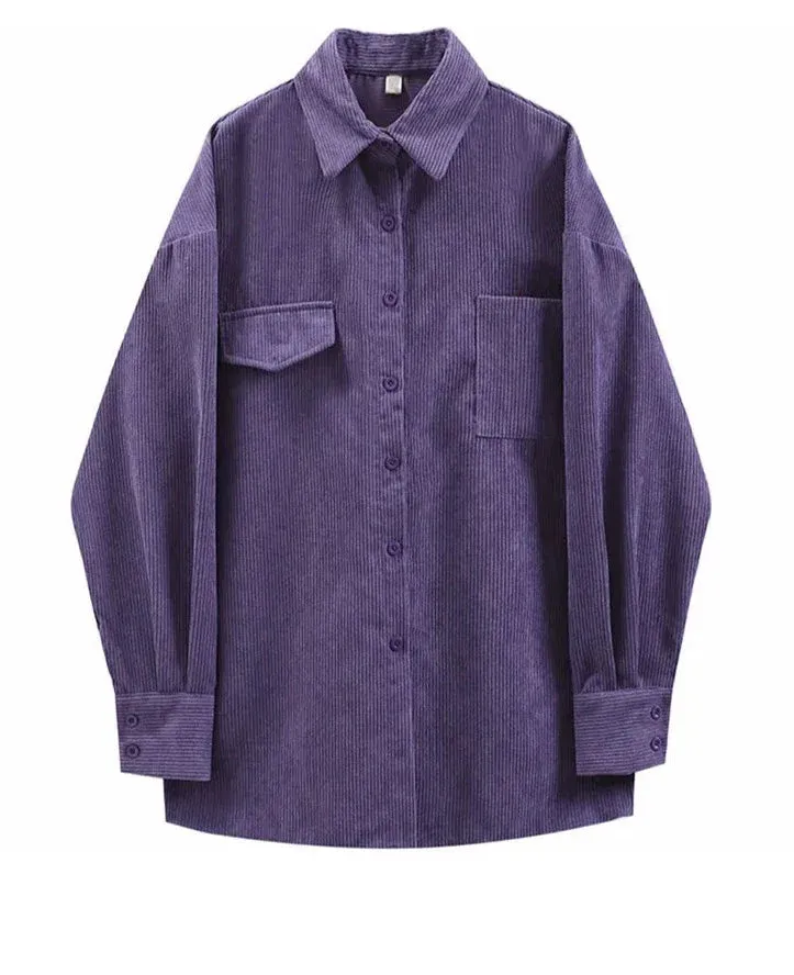 Corduroy Purple Top Button Up Women Shirts Long Sleeve Turn Down Collar Oversized Loose Outerwear Spring Blouse