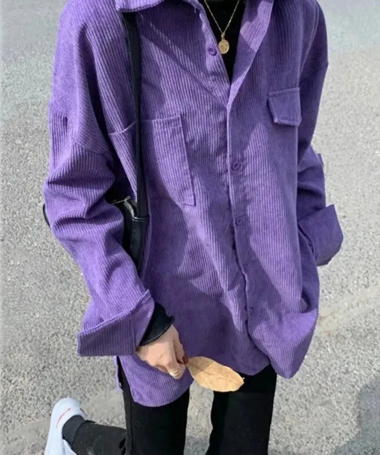 Corduroy Purple Top Button Up Women Shirts Long Sleeve Turn Down Collar Oversized Loose Outerwear Spring Blouse