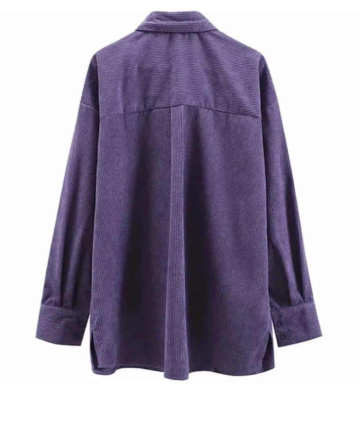 Corduroy Purple Top Button Up Women Shirts Long Sleeve Turn Down Collar Oversized Loose Outerwear Spring Blouse