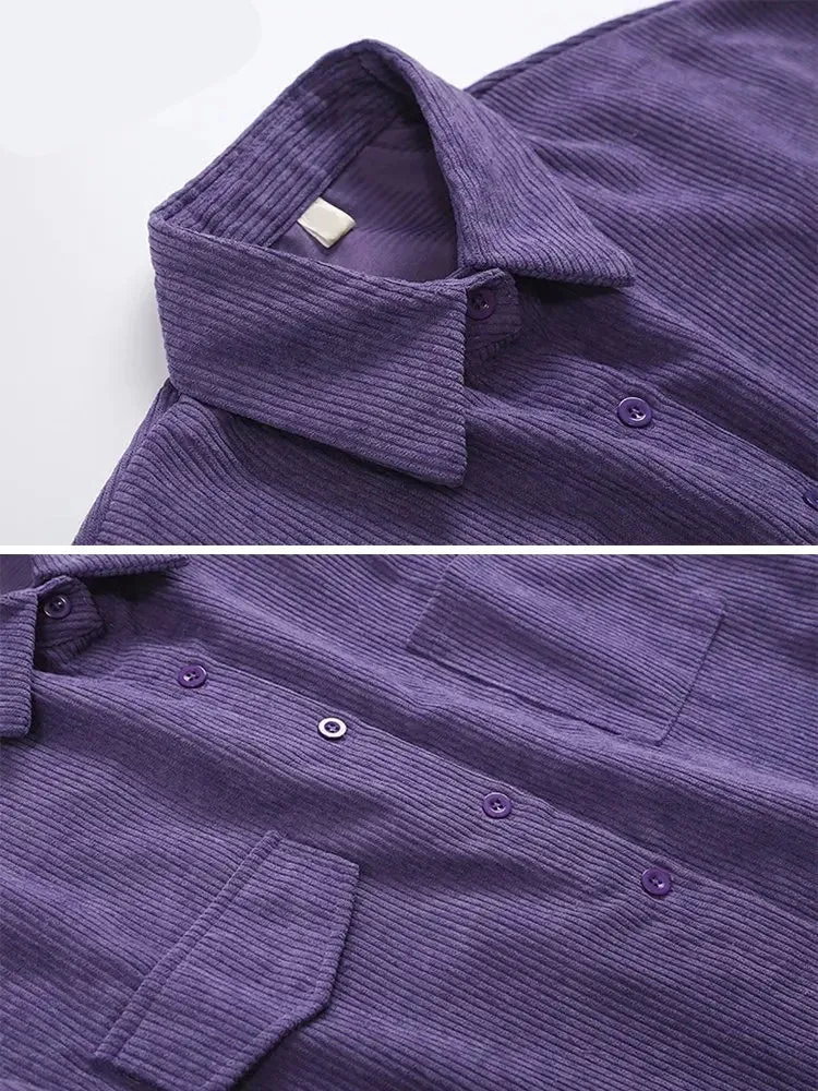 Corduroy Purple Top Button Up Women Shirts Long Sleeve Turn Down Collar Oversized Loose Outerwear Spring Blouse