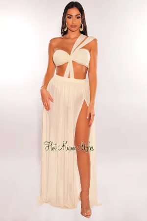 Cream One Shoulder Cut Out Strappy Slit Maxi Dress