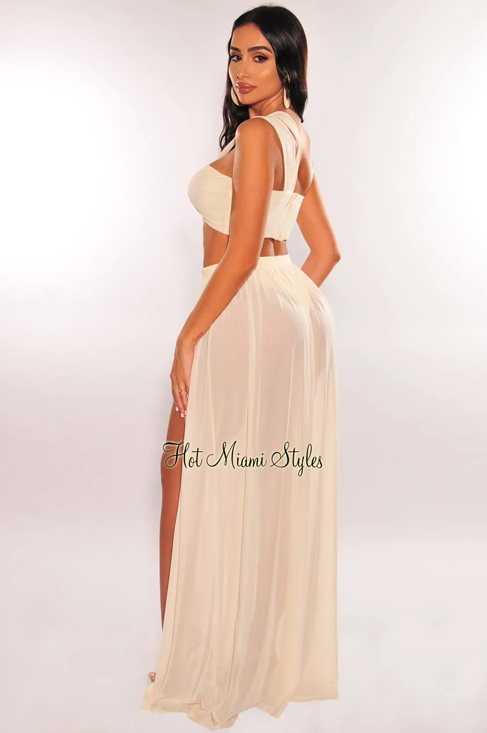 Cream One Shoulder Cut Out Strappy Slit Maxi Dress