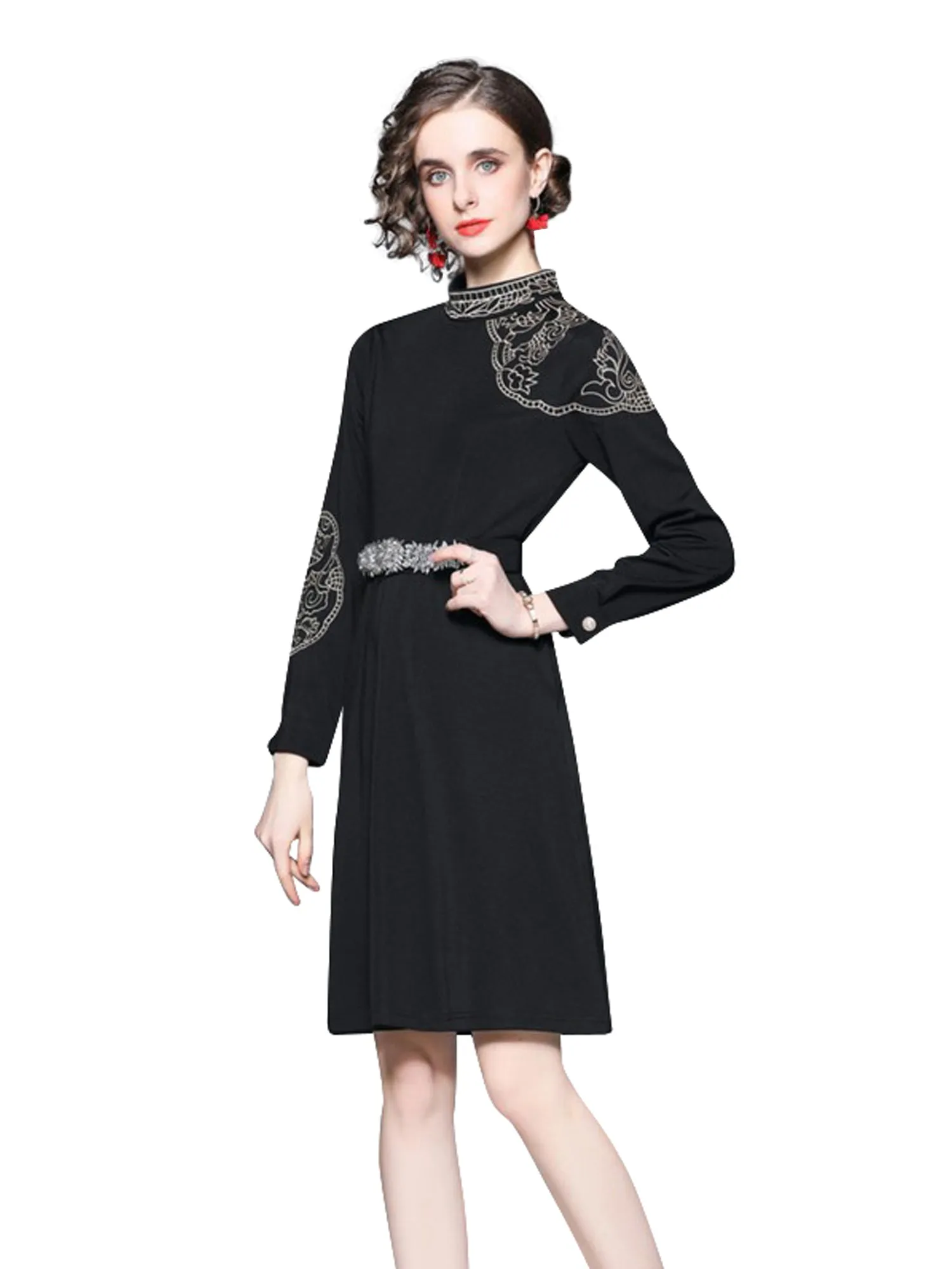 Eterna Long Sleeves Knee Length Elegant Black Cocktail Dress