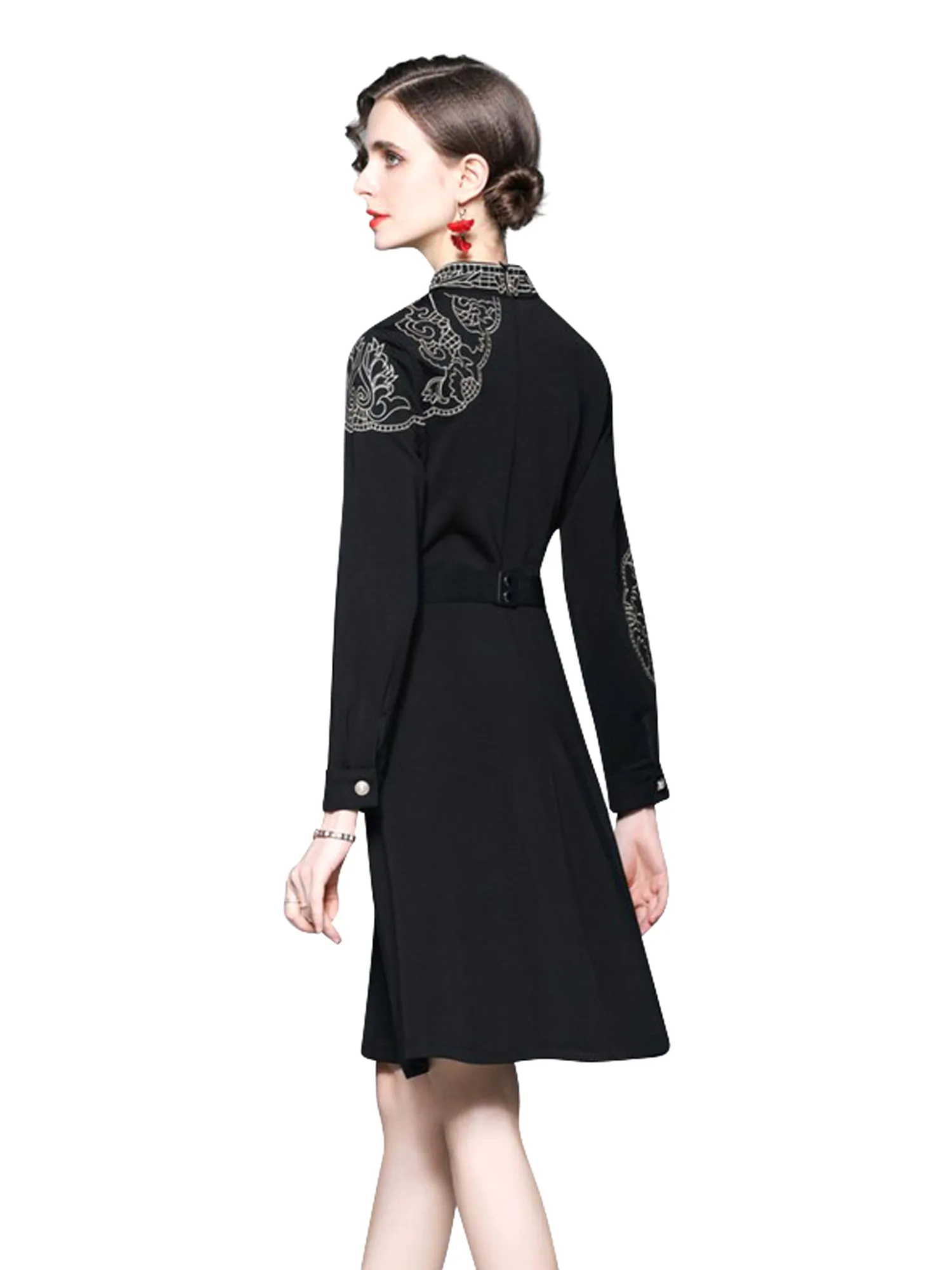 Eterna Long Sleeves Knee Length Elegant Black Cocktail Dress